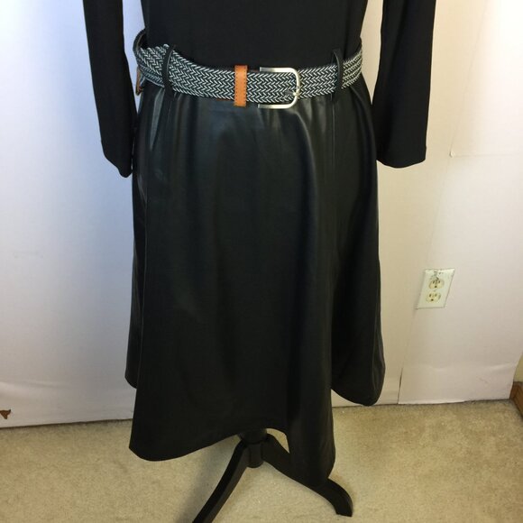 Calvin Klein Fit & Flare Dress Size 8 Black Faux Leather Mock Neck 3/4 Sleeve - Picture 5 of 14